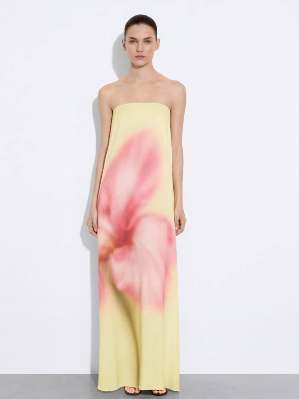 JW Pei Watercolor Floral Print Strapless Maxi Dress in Yellow